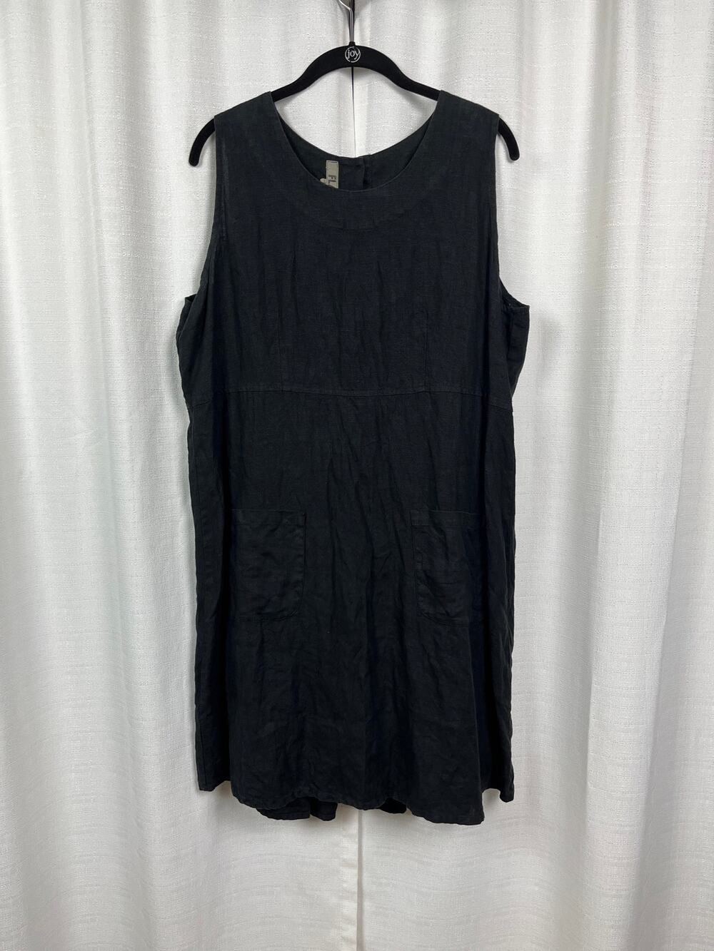 FLAX Black Linen Button Back Shift Midi Dress Sz.M